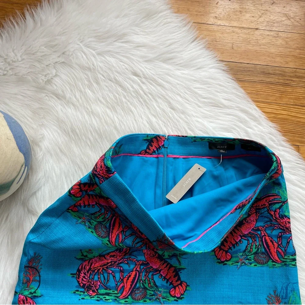 J. Crew Turquoise Blue Pencil Skirt with Coral Lobster Print